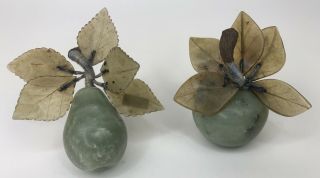 Vintage Set 2 Chinese Celadon Green Jade Carved Pear And Apple With Stone Leaves