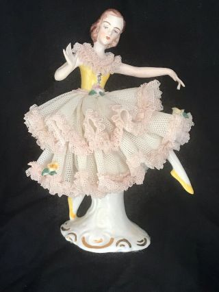 Vintage Dresden Pink Lace Dancing Ballerina 4 1/2” Yellow Dress Shoes Tiny Chip