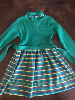 Vintage Health Tex Toddler Dress 5t,  Green,  Apples,  Red And Blue Stripes