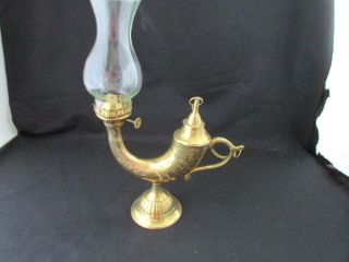 Ornate Brass Horn Gold Oil Lamp Lantern Antique Genie Glass Made In India 12 " H