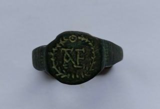 Fine Wearable Ancient Byzantine Bronze Ring With A Monogram 800 - 1000 Ad
