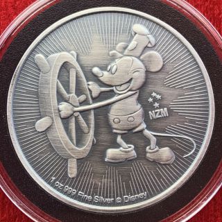 $2 Niue 2017 Steamboat Willie Mickey Mouse 1 Oz.  999 Silver Coin - Antiqued