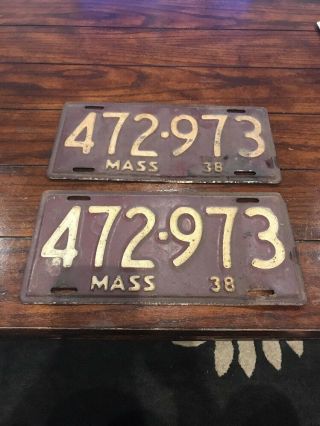 Rare 1938 Massachusetts Ma Mass License Plate Pair Yom Dmv Clear 472973 Patina