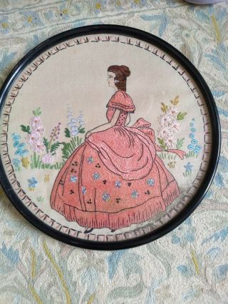Vintage Glass Framed Round Pretty Crinoline Lady Embroidery Kitch Retro