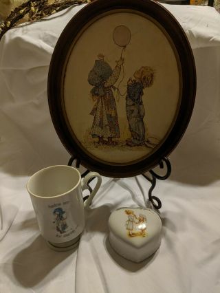 Vintage Holly Hobbie Oval Picture Trinket Box Pedestal Coffee Cup