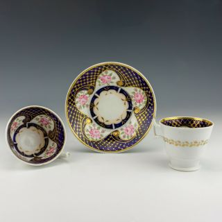 Antique English Porcelain - Rose Decorated Cobalt Blue & Gilt Two Cup Trio