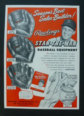 Rare Vtg 1952 Color Ad - Rawlings Stan Musial Baseball Equipment Ball Glove Uni