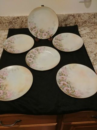 6 Antique Thomas Bavaria Hand Painted Artist Signed China Plates Pink Flowers