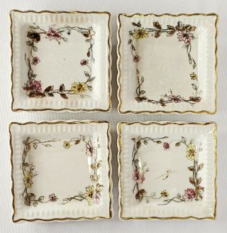 Butter Pats Set Of 4 Square Porcelain Hand Painted Gold Trim Floral Antique
