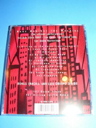 VERY RARE CD Rage Against The Machine - Live at the Quad 1st Off.  Performance 3