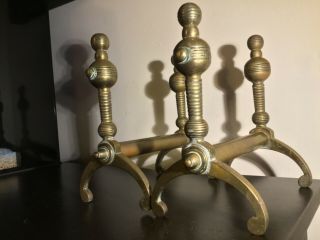 Antique Vintage Set Of Solid Brass Very Unusual Fire Dogs