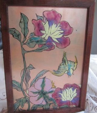 Vintage Painting On Glass Maybe Copper? Flowers And Birds Rare Unique Piece