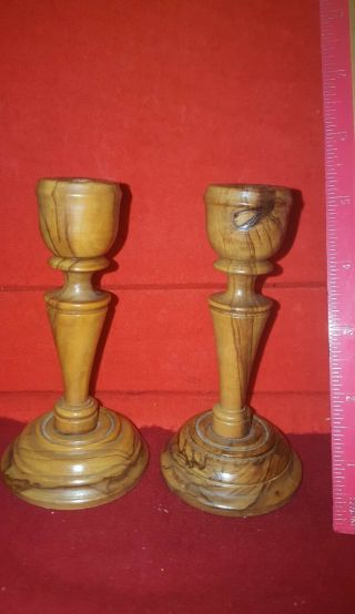 Vintage Pair 5 Inch Olive Wood Candle Holder Candlestick