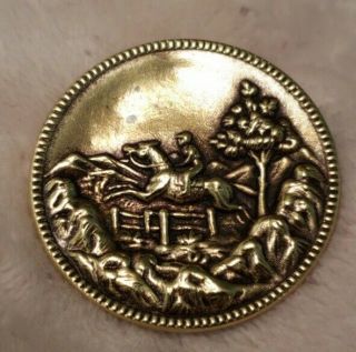 Antique Stamped Brass Equestrian Picture Button,  Horse,  Steeplechase,  1 - 1/2 "