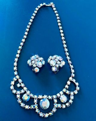 Vintage Antique Costume Jewelry Blue Rhinestone Necklace And Earrings