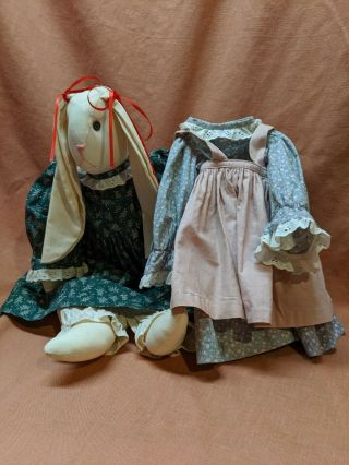 Vintage 1990s Handmade Muslin Bunny Rabbit Doll With 2 Dresses Rustic Look