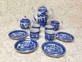 Vintage,  Rare,  Japan,  13 - Pc Blue Willow Tea Set With Lithophane Geisha Cups