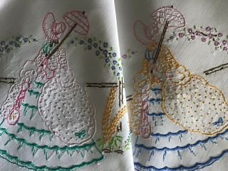 Large Vintage Hand Embroidered Tablecloth Crinoline Ladies