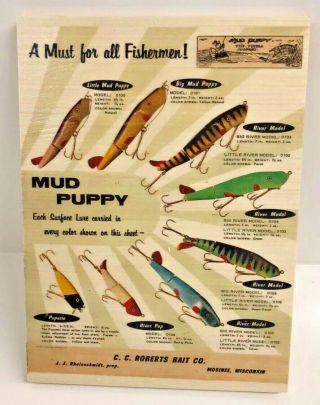 Mud Puppy River Pup,  Pupette Old Fishing Lure Chart On Wood Print Ad Man Cave