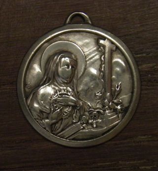 Antique Religious Silvered Medal Pendant Saint Rita Help Of Impossible Causes