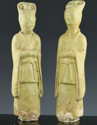 Pair Very Rare Chinese Straw Glazed Imperial Attendant Figures Sui Tang Dynasty