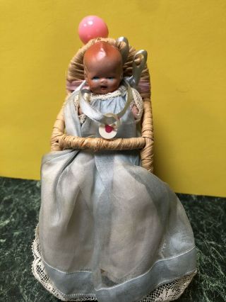 Rare Vintage Bisque Baby Doll 2.  5” Made In Japan W/pacifier Rattle Bamboo Chair