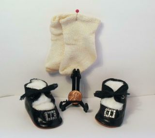 Vintage Black Oilcloth Doll Shoes With Metal Buckles & Socks
