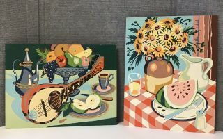 Vintage Set Of 2 Paint By Number Still Life Painting Flowers Fruit Bowl Bouzouki