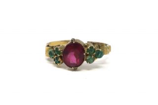A Pretty Antique Victorian 9ct Yellow Gold Pink & Green Paste Cluster Ring A/f
