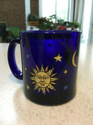 Rare Vintage Libbey Cobalt Blue Glass Celestial Sun Moon Stars Coffee Mug - Usa