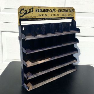 Vintage Stant Mfg Co.  Radiator Caps Gasoline Caps Metal Display Rack Sign Rare