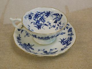 Antique Coalport Cup And Saucer Blue Birds Flowers And Leaves Gilt Trim