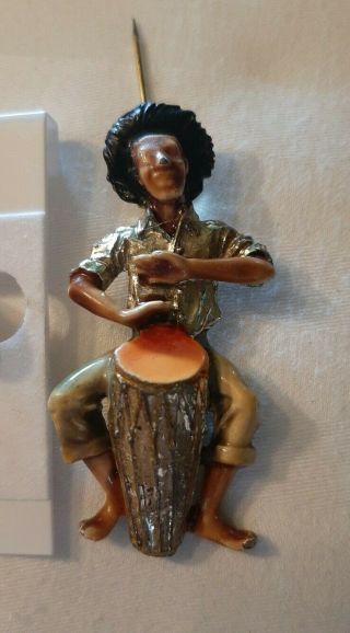 Vintage Rare Enamel Black African American Figure Man With Bongo Drum Pin Brooch