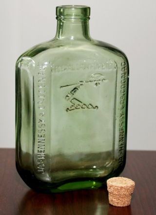Rare Vintage Ja Hennessy Cognac Cork Top Green Glass Flask Shaped Bottle.  France