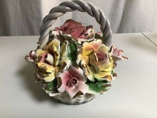Vintage Rare Capodimonte Porcelain Rose Flower Basket Made In Italy.