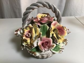 Vintage rare Capodimonte Porcelain Rose Flower Basket Made in Italy. 3