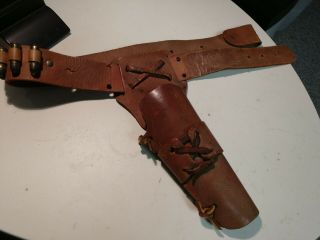 VINTAGE CHILD ' S WESTERN COWBOY LEATHER HOLSTER with RARE MATTEL BULLETS 2