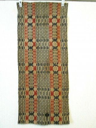 Antique Woven Wool Coverlet Piece Rust & Navy Blue Table Runner 12.  5 X 30 "