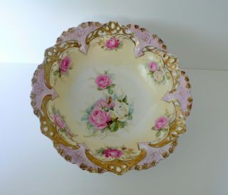 Antique German Rs Prussia Jawel Roses Porcelain Bowl 10 3/4 "
