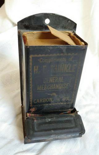 Antique General Merchandise Store Hinkle Carbon Pa Tin Metal Match Safe Holder