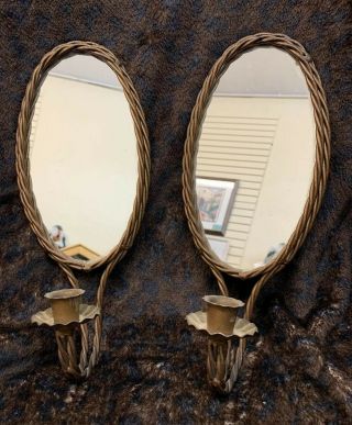Vintage Mcm Set Of 2 Mirror Candle Wall Sconce Twisted Rope Antique Gold Regency