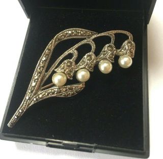Antique Art Deco Silver 925 Marcasite And Faux Pearl 