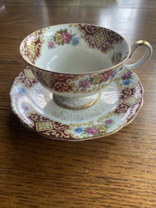 Antique Lm Royal Halsey Very Fine Footed Tea Cup Saucer Roses Burgundy Floral