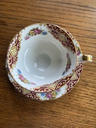ANTIQUE LM Royal Halsey Very Fine Footed Tea Cup Saucer Roses Burgundy Floral 2