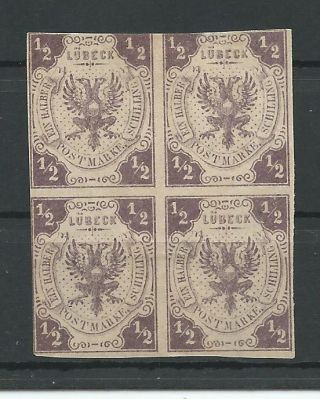 Germany Lubeck 1859 Mi.  1 Nd Block Of 4 Rare Hinged Top Stamp Thin Area