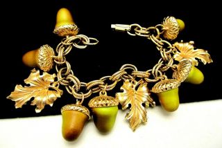 Rare Vintage 7 " X1 - 1/2 " Signed Florenza Goldtone Acorn Leaf Charm Bracelet A60