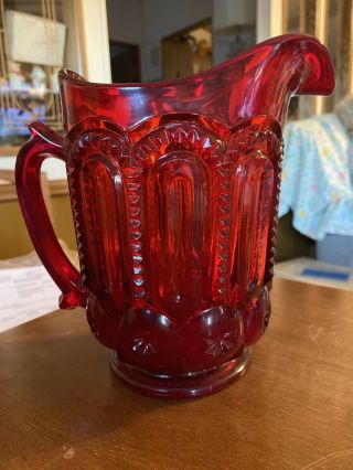 Rare Moon & Stars Pattern Glass Ruby Red Water Pitcher Lg Wright Fenton Vintage