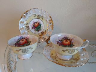 Two Vintage Tea Cups & Saucers Royal Halsey Very Fine - - Fruits - Lusterware