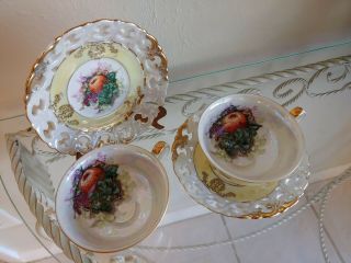 Two Vintage Tea Cups & Saucers Royal Halsey Very Fine - - Fruits - Lusterware 2