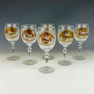 Antique Set Of Six Bohemian Glass - Game Animal Decorated Hock Glasses